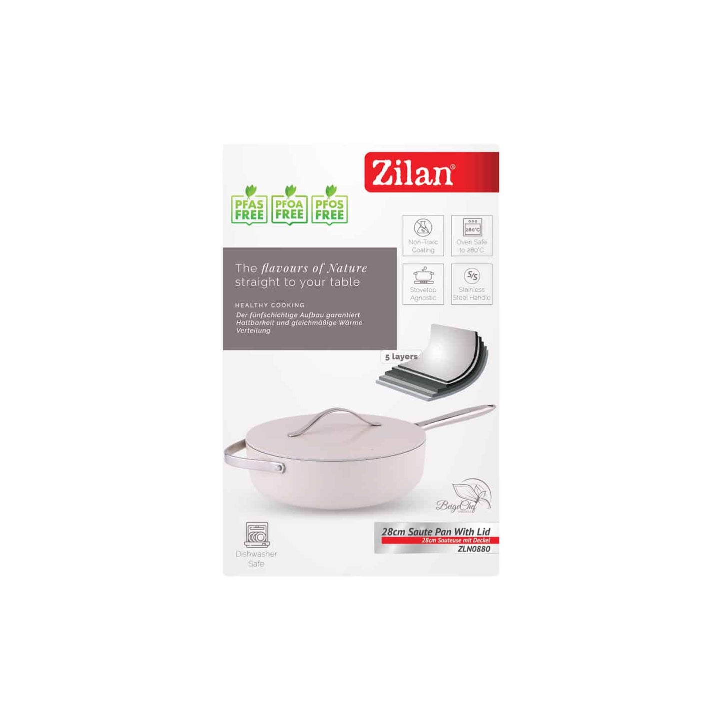 Tigaie inalta cu capac ZILAN, interior din ceramica, diametru 28cm, crem / ZLN 0880