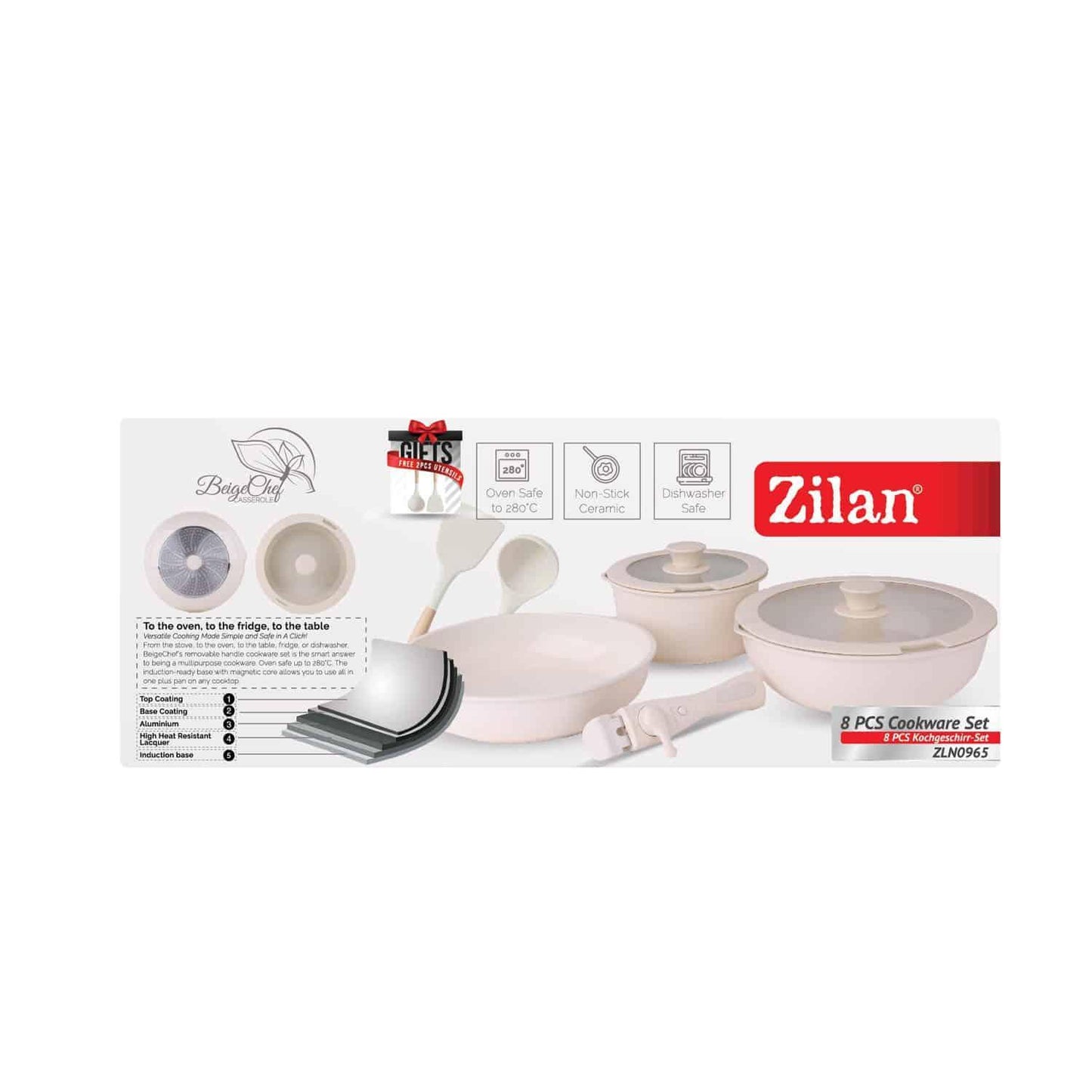 Set 5 piese din ceranica, compus din 2 oale, 1 tigaie si 2 capace de sticla, crem, ZILAN / ZLN 0965 - 221.ro