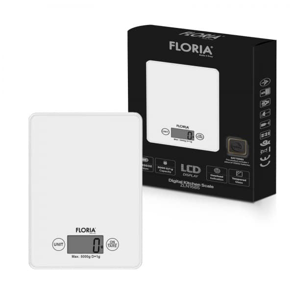 Cantar bucatarie digital, din sticla, 5kg, alb FLORIA / ZLN 1685