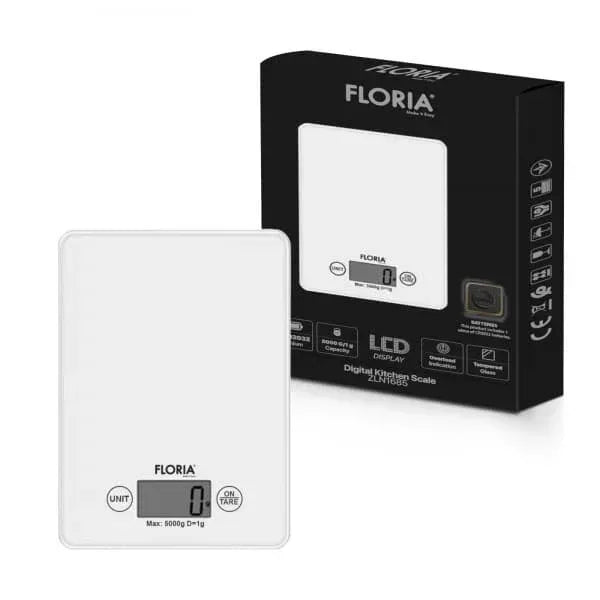 Cantar bucatarie digital, din sticla, 5kg, alb FLORIA / ZLN 1685 - 221.ro
