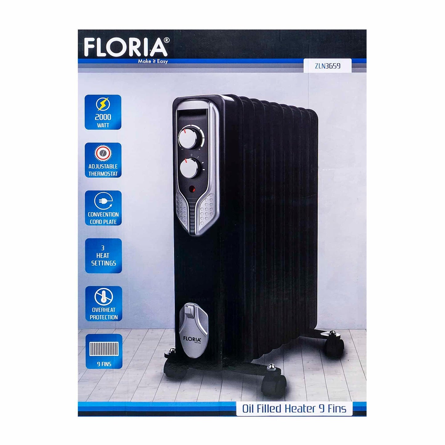 Calorifer electric, putere 2000 W, 9 elementi, 3 trepte de putere, Termostat reglabil, Protectie supra-incalzire, Indicator luminos / ZLN 3659 - 221.ro