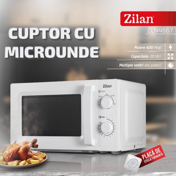 Cuptor cu microunde Zilan, putere 600w, capacitate 20l, alb / ZLN 4667