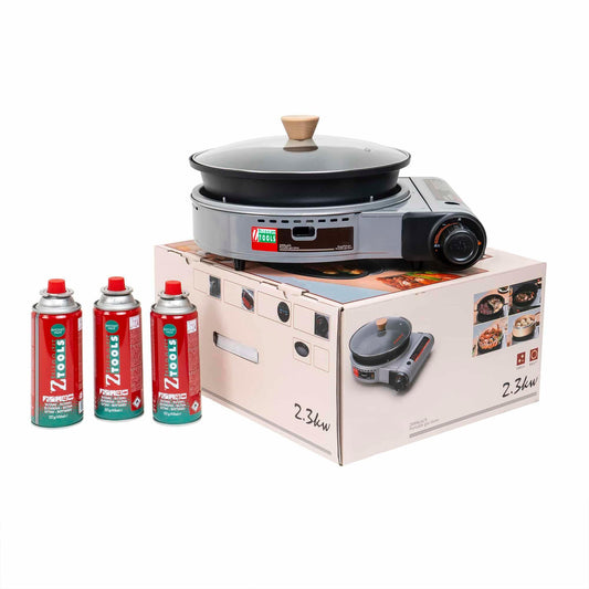 Pachet aragaz camping, cu oala si capac de sticla, putere 2.3kw, aprindere electrica, gri + 3 butelii 410ml / ZTS 5613_1 - 221.ro