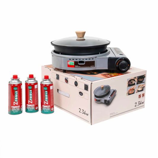 Pachet aragaz camping, cu oala si capac de sticla, putere 2.3kw, aprindere electrica, gri + 3 butelii 410ml / ZTS 5613_1