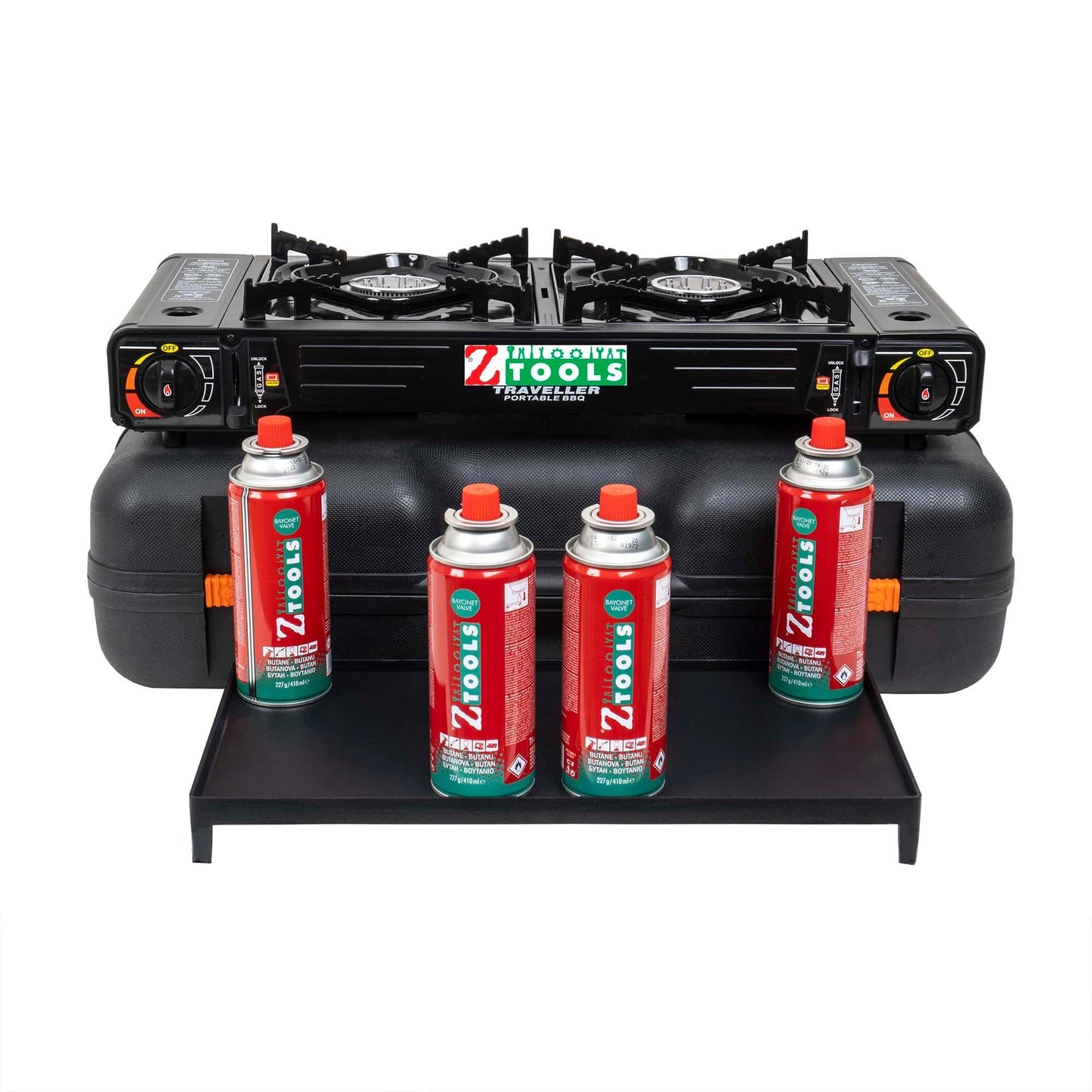 Pachet aragaz camping cu 2 ochiuri, aprindere electrica, putere 2x2.3kw, cu tava gril, spatula, cleste si cutie de transportat + 4 butelii 410ml / ZTS 5620_1 - 221.ro