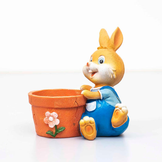 Decoratiune pentru gradina, din rasina, model iepure cu ghiveci pentru flori, inaltime 17cm, galben / ZTS 8075