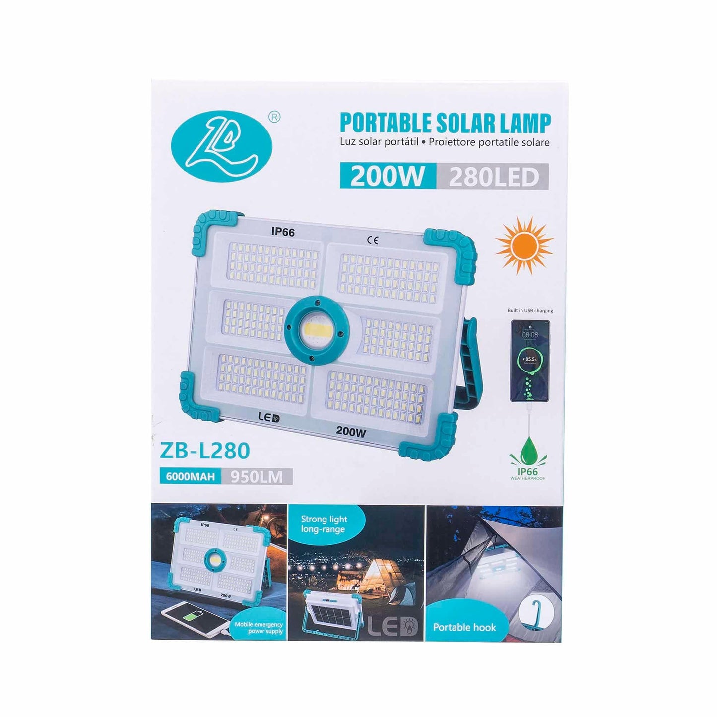 Proiector led cu incarcare solara si USB, 200W, 280 leduri, panou incorporabil / ZTS 8212 - 221.ro
