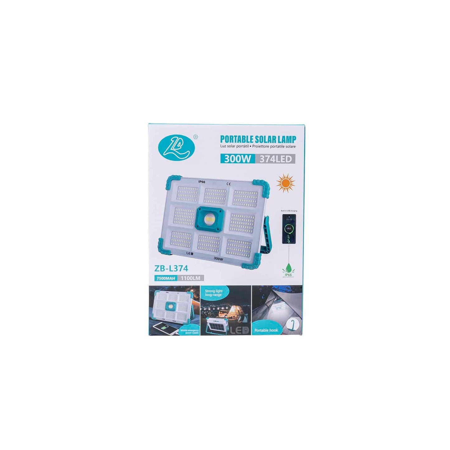 Proiector led cu incarcare solara si USB, 300W, 374 leduri, panou incorporabil / ZTS 8213 - 221.ro