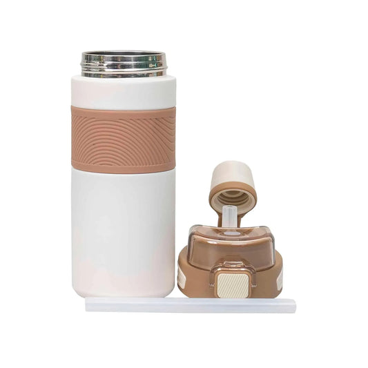 Termos 2 in 1, interior inox, capacitate 600ml, model cu pai, alb / ZTS 8443 - 221.ro