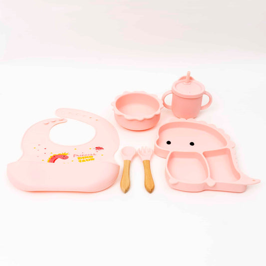 Set 6 piese pentru hranire bebelus, din silicon, model dinozaur, roz Z-TOOLS / ZTS 9095