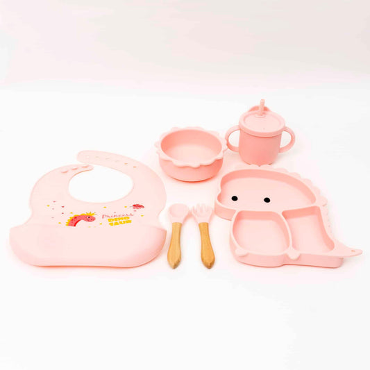 Set 6 piese pentru hranire bebelus, din silicon, model dinozaur, roz Z-TOOLS / ZTS 9095 - 221.ro
