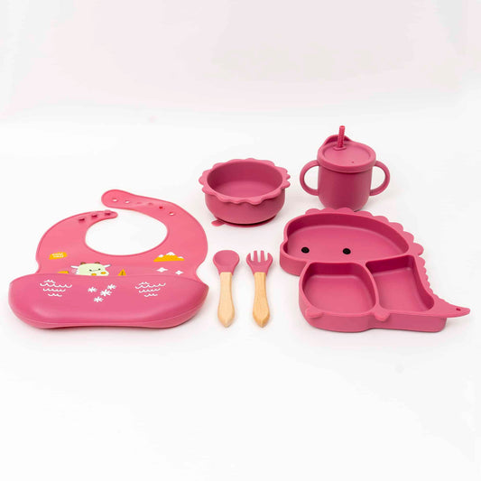 Set 6 piese pentru hranire bebelus, din silicon, model dinozaur, mov Z-TOOLS / ZTS 9096