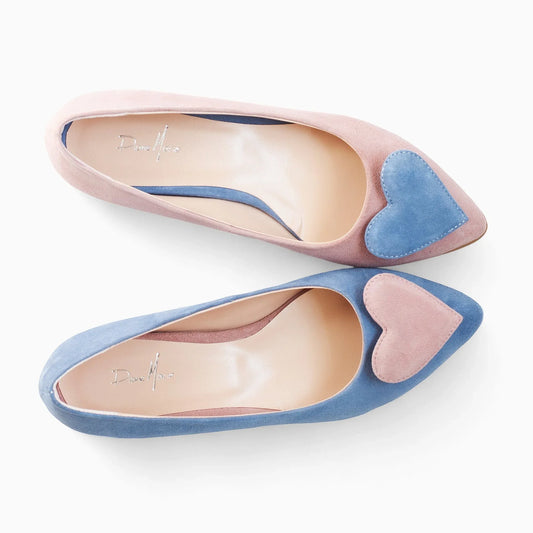 Balerini asimetrici din piele intoarsa bleu cu roz Solange