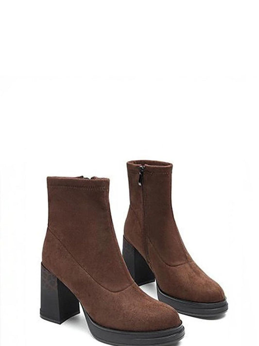 Botine cu toc Solea, Model 222036, Maro - material piele artificiala piele Footbed pânză Înălţimea carâmbului 14 cm Înălţimea tocului 9.5 cm