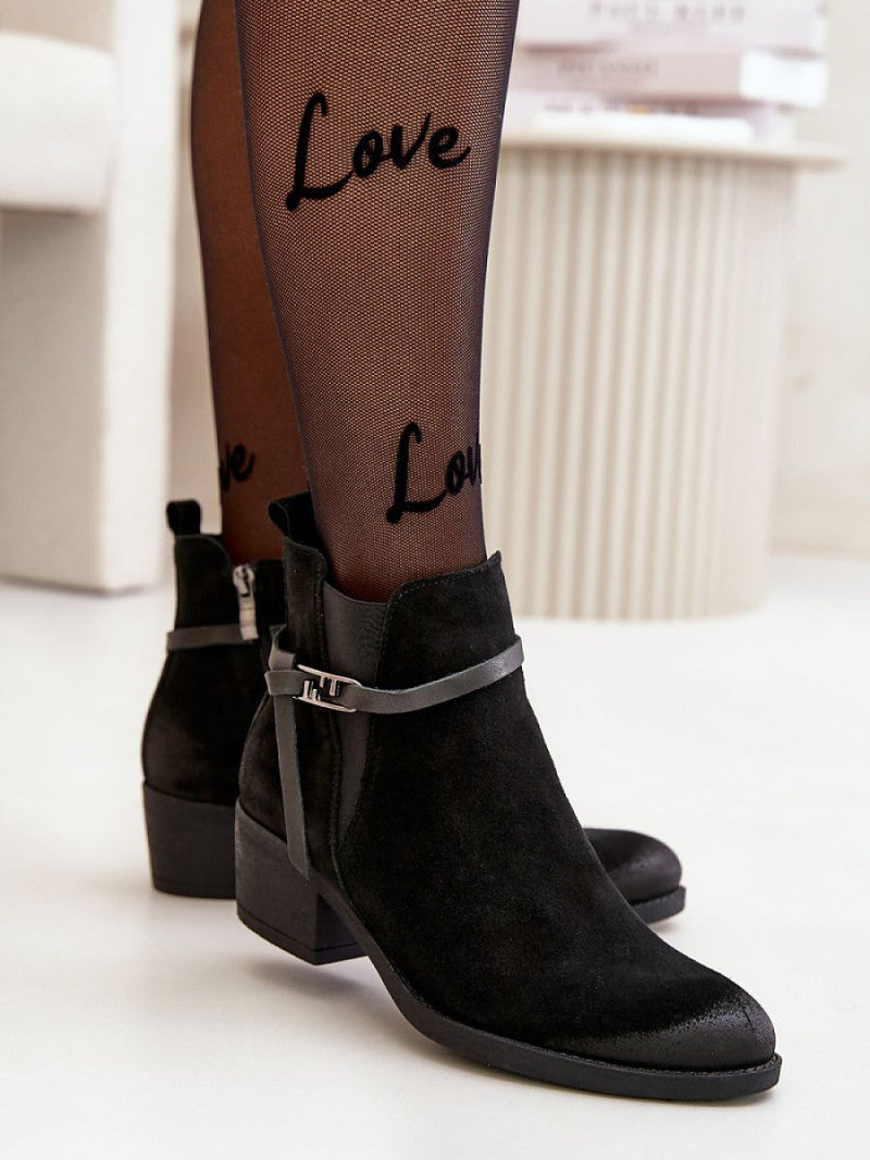 Botine cu toc Step in style, Model 199276, Negru - material piele naturală de căprioară Căptușeală simțit Footbed pânză Înălţimea carâmbului 11.5 cm