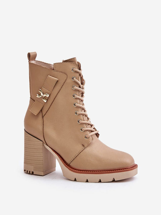 Botine cu toc Step in style, Model 201005, Bej - material imitație de piele Căptușeală pătură de pantofi Footbed pătură de pantofi Înălţimea carâmbului 15.5 cm Înălţimea tocului 9.5 cm