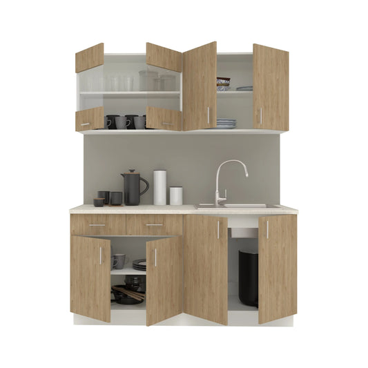 Set Bucatarie haaus Karo V8, Lemn Natural/Alb, Blat Thermo 28 mm, L 160 cm