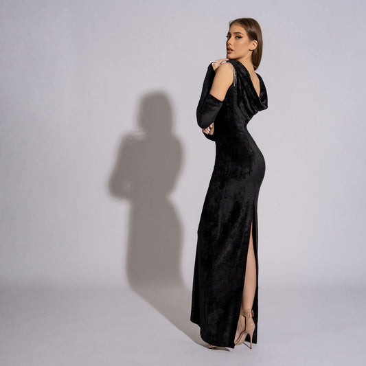 Rochie lunga din catifea cu manusi si franjuri din cristale Unforgettable