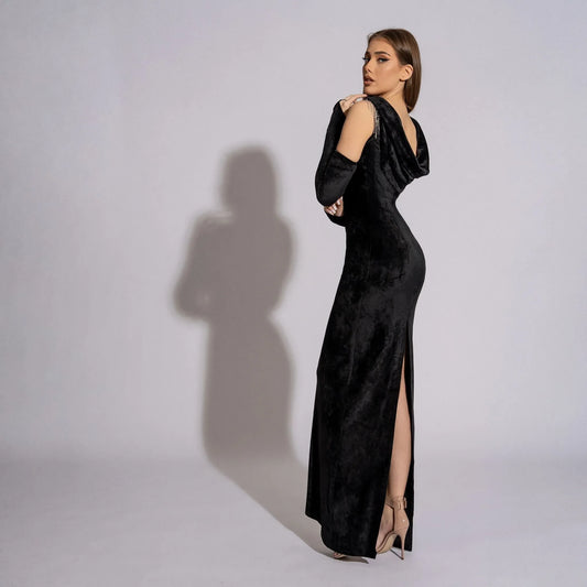 Rochie lunga din catifea cu manusi si franjuri din cristale Unforgettable