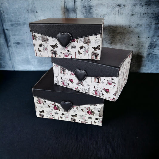 Set 3 cutii depozitare, model Autour du monde, capac inimioara, Negru-Alb