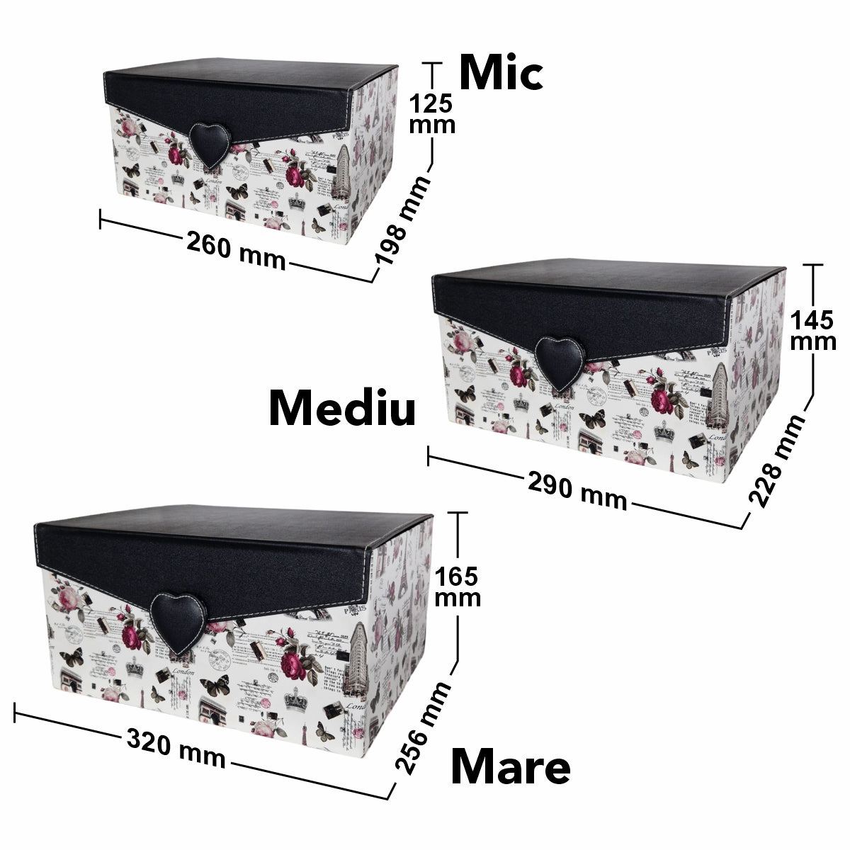 Set 3 cutii depozitare, model Autour du monde, capac inimioara, Negru-Alb