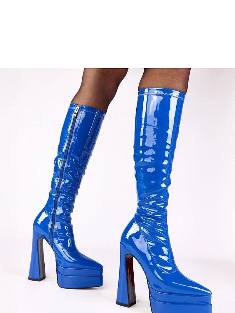 Cizme cu toc Solea, Model 221357, Albastru - material imitație de piele Footbed pânză Înălţimea carâmbului 37 cm Înălţimea tocului 15 cm Înălţimea platformei 5 cm