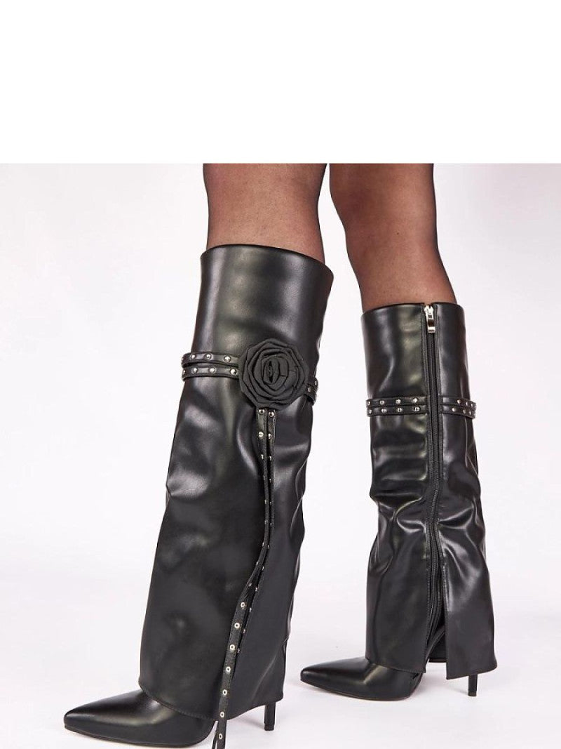 Cizme cu toc Solea, Model 221670, Negru - material imitație de piele Footbed pânză Înălţimea carâmbului 34 cm Înălţimea tocului 11.5 cm