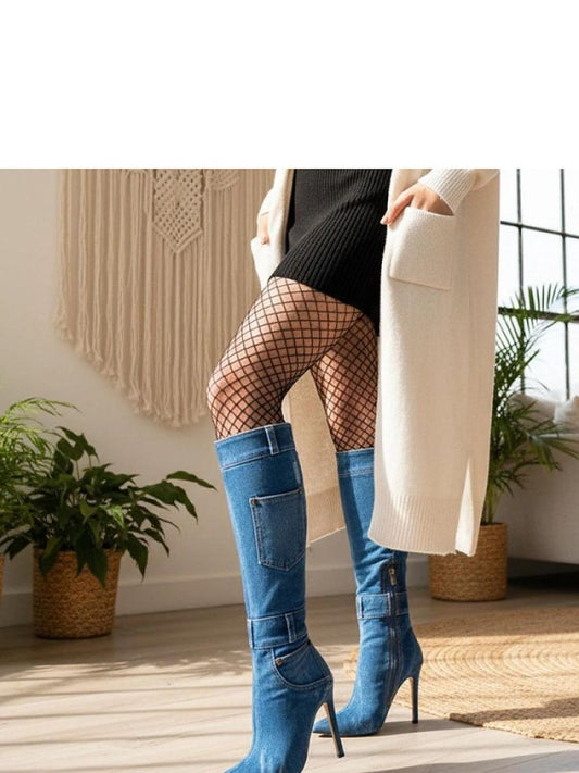 Cizme cu toc Solea, Model 222058, Albastru - material țesătură denim Footbed pânză Înălţimea carâmbului 38 cm Înălţimea tocului 11 cm