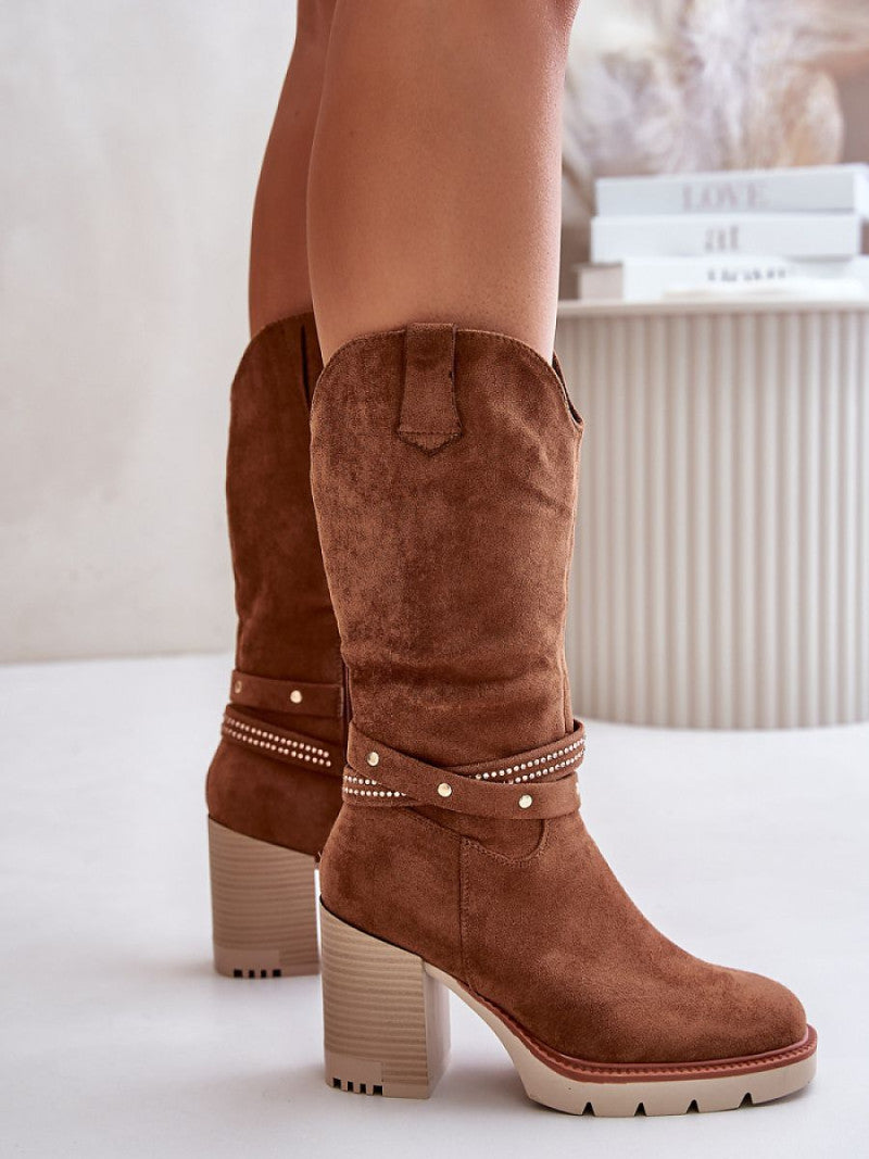 Cizme cu toc Step in style, Model 201320, Maro - material piele artificiala piele Căptușeală pătură de pantofi Footbed pătură de pantofi Înălţimea carâmbului 31 cm Înălţimea tocului 9 cm