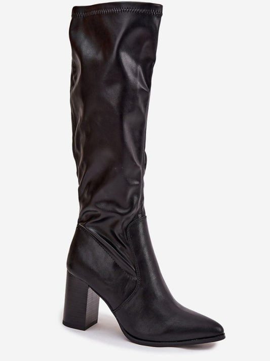 Cizme cu toc Step in style, Model 217216, Negru - material imitație de piele Footbed pânză Înălţimea carâmbului 38 cm Înălţimea tocului 8 cm