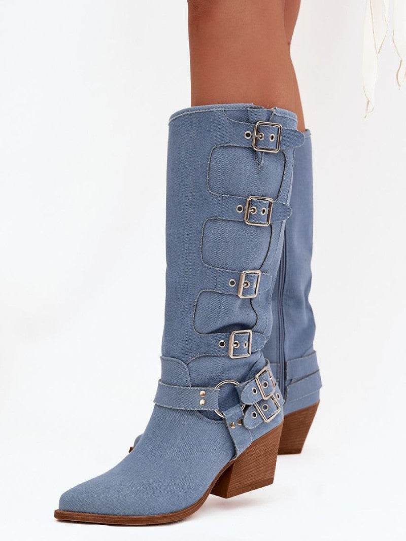 Cizme cu toc Step in style, Model 217817, Albastru - material pânză Footbed pânză Înălţimea carâmbului 34 cm Înălţimea tocului 7 cm