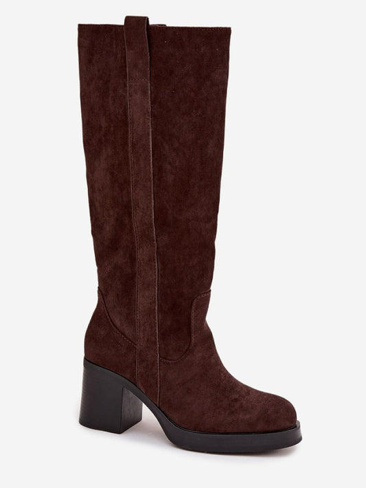 Cizme cu toc Step in style, Model 220223, Maro - material piele artificiala piele Căptușeală pătură de pantofi Footbed pătură de pantofi Înălţimea carâmbului 37 cm Înălţimea tocului 7.5 cm