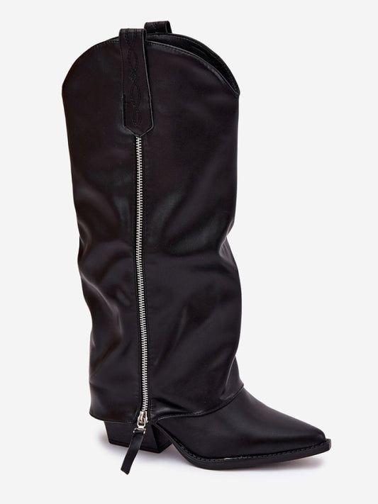 Cizme cu toc Step in style, Model 221525, Negru - material imitație de piele Căptușeală pătură de pantofi Footbed imitație de piele Înălţimea carâmbului 37 cm Înălţimea tocului 6 cm