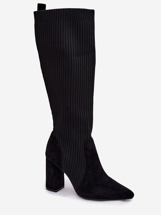 Cizme cu toc Step in style, Model 221897, Negru - material țesătură plus piele ecologică de velur Footbed pânză Înălţimea carâmbului 39 cm Înălţimea tocului 9 cm