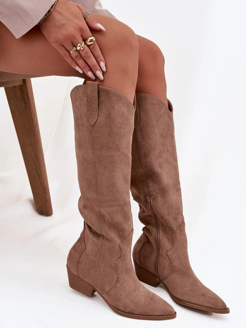 Cizme cu toc Step in style, Model 223004, Bej - material piele artificiala piele Footbed pânză Înălţimea carâmbului 43 cm Înălţimea tocului 5 cm