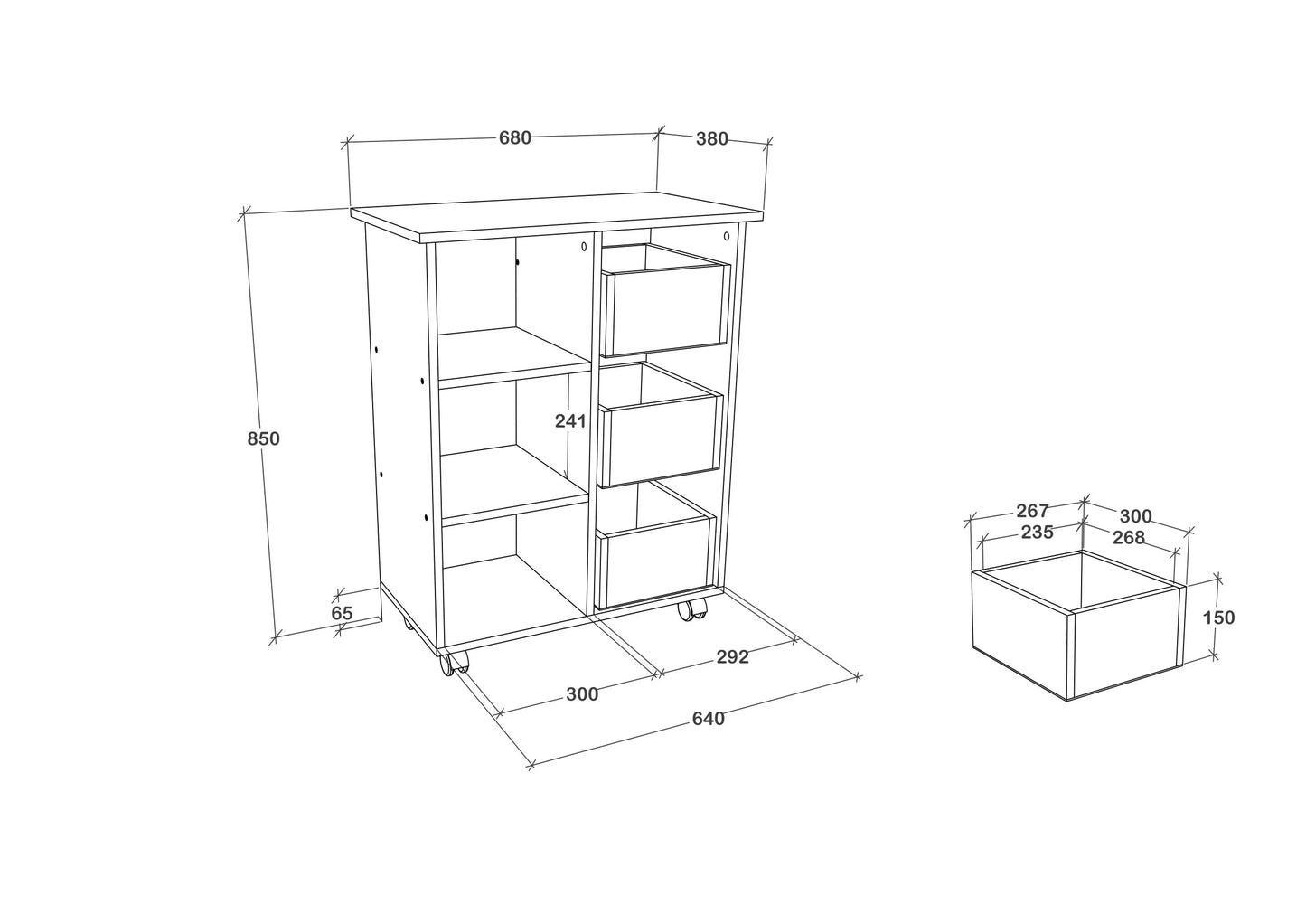 Corp Mobil haaus Loma, 3 Sertare, 3 Rafturi, Alb, 64 x 35 x 85 cm