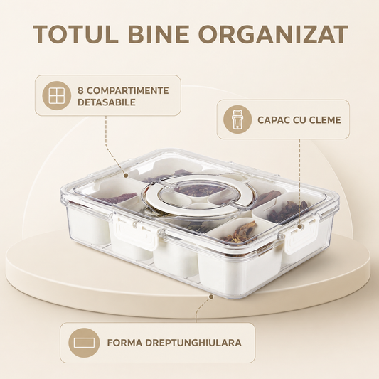Cutie Pranz Alimentara 8 Compartimente Timebox, Etansa 800-1000Ml, Capac Sigur, Bej