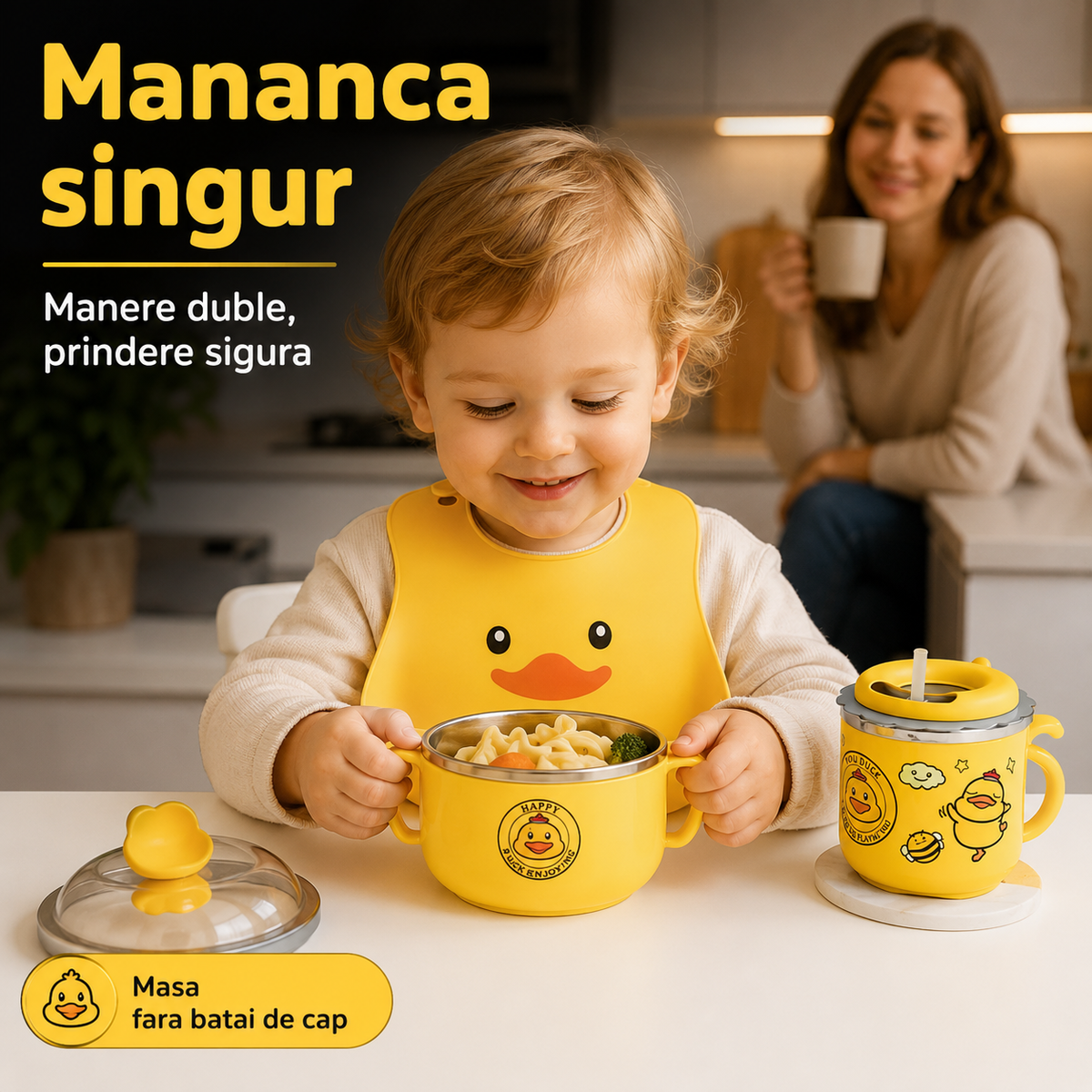 Cutie Pranz Copii Timebox din Inox 304, Timebox, Bol, Cana, Tacamuri, Saculet Inclus, Galben