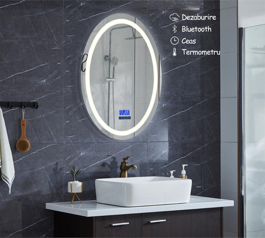 Resigilat: Oglinda de baie, D3315-1, cu iluminare Led, Dimensiuni 58.5x78.5 cm, Functii dezaburire, Bluetooth, Ceas, Termometru