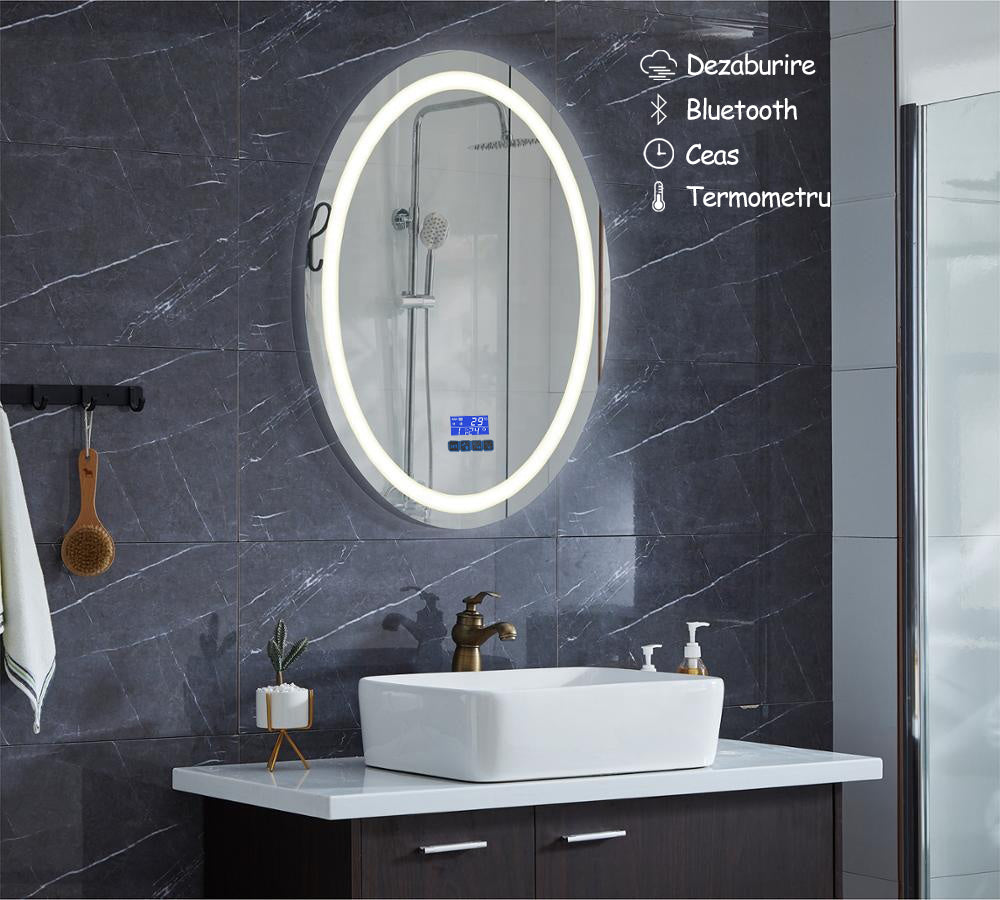 Resigilat: Oglinda de baie, RD3314-1, cu iluminare Led, Dimensiuni 58.5x78.5 cm, Ceas, Termometru