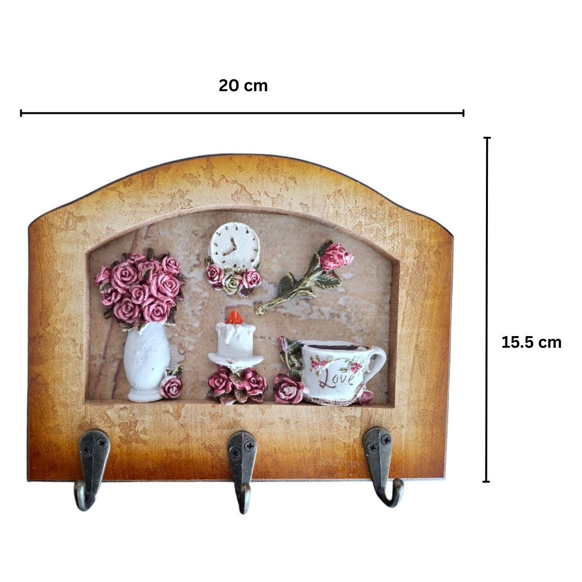 Cuier decorativ cu 3 carlige, Naimeed D65-7, 20x15.5x0.8 cm, Maro