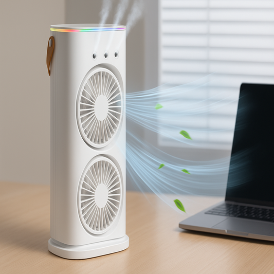 Ventilator dublu, umidificator, Naimeed D7182, incarcare USB, acumulator 2000mAh, telecomanda, 3 trepte de viteza, Alb