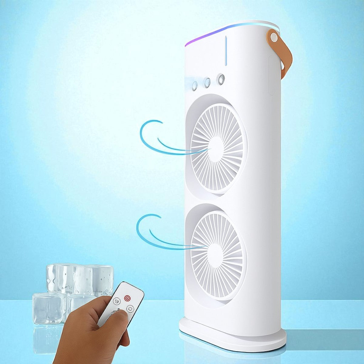 Ventilator dublu, umidificator, Naimeed D7182, incarcare USB, acumulator 2000mAh, telecomanda, 3 trepte de viteza, Alb