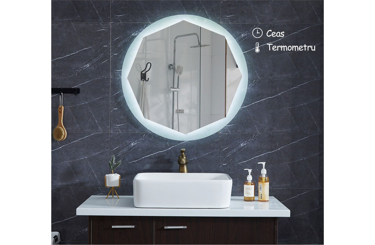 Oglinda de baie cu iluminare Led, Diametru 78.5cm, D3302 / Ceas, Termometru