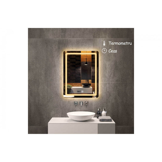 Resigilat: Oglinda de baie, D3304-2, cu iluminare Led, Dimensiuni 50x70 cm, Ceas, Termometru