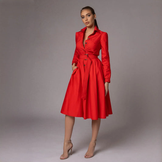 Rochie rosie tip camasa cu fusta midi cu pliuri Diana
