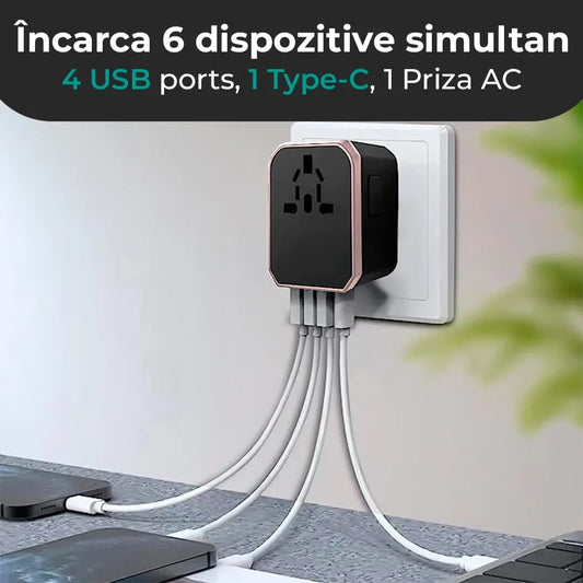 Adaptor incarcator universal priza de calatorie, 4 x USB, 1 x Type-C, Rose Gold