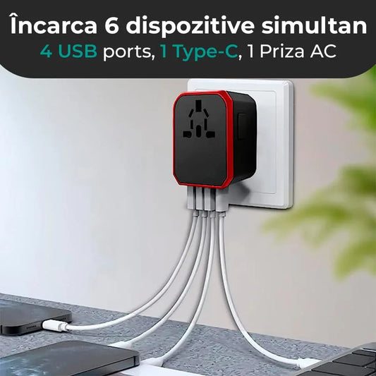 Adaptor incarcator universal priza de calatorie, 4 x USB, 1 x Type-C, Rosu