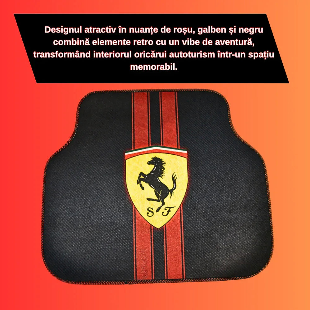 Covorașe auto universale DECOMAT – set 4 bucăți lavabile, antiderapante, cu imprimeu sport „Scuderia Style”