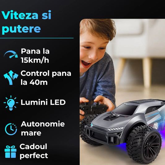 Masina cu telecomanda RC, Timebox, 15 km/h, 4WD, Off-road, lumini LED, Gri - 221.ro